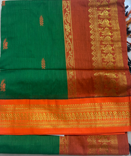 Silk Cotton Gadwal - Green and Orange