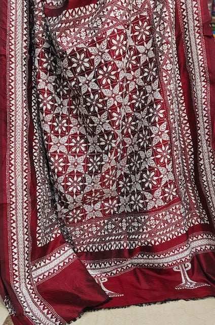 Pure Bangalore Silk Kantha - Maroon and White