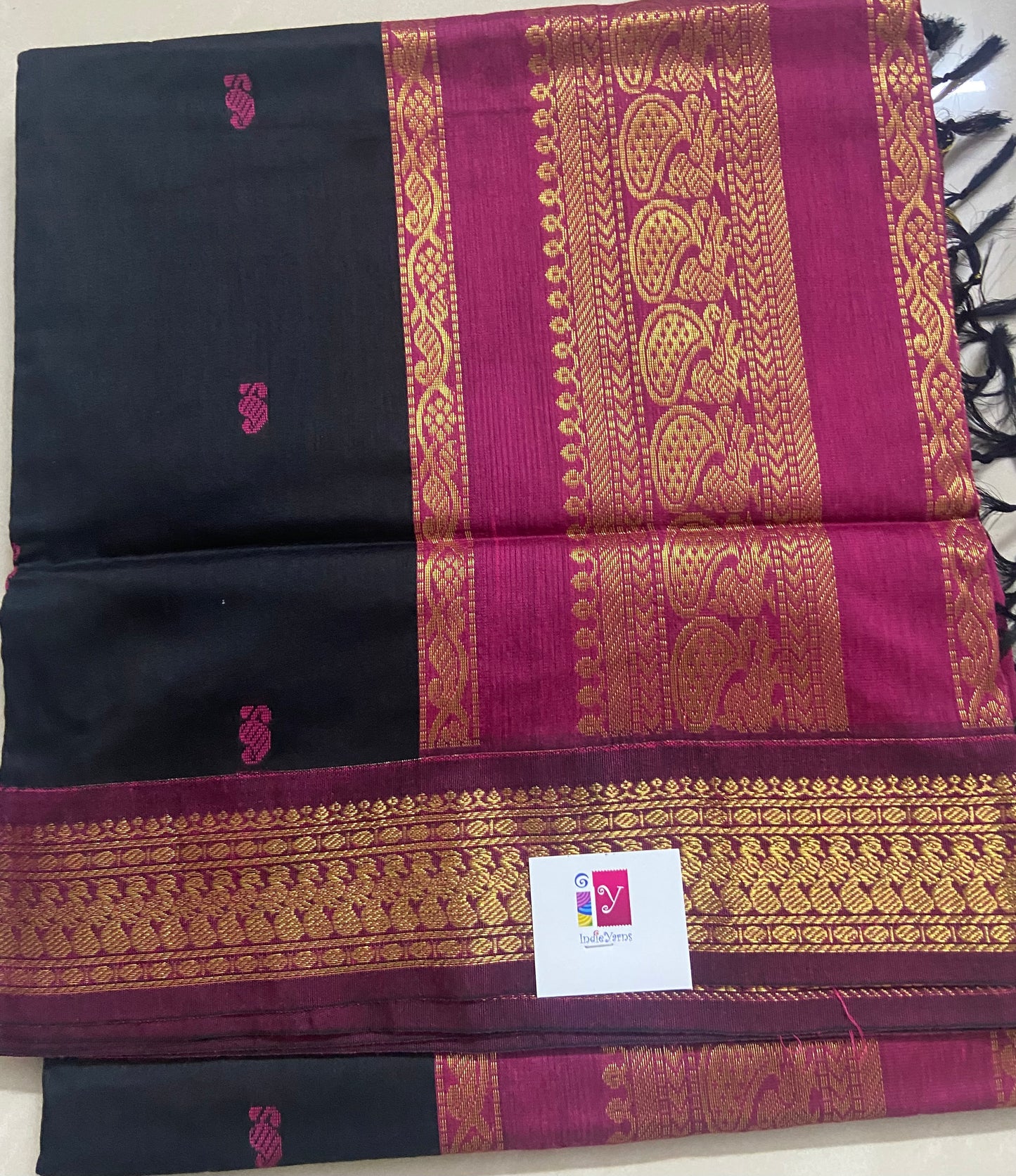 Silk Cotton Gadwal - Black and Fuschia Pink
