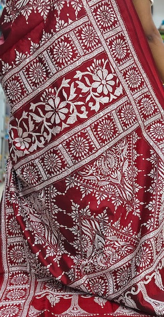 Pure Bangalore Silk Kantha - Bridal Red and White