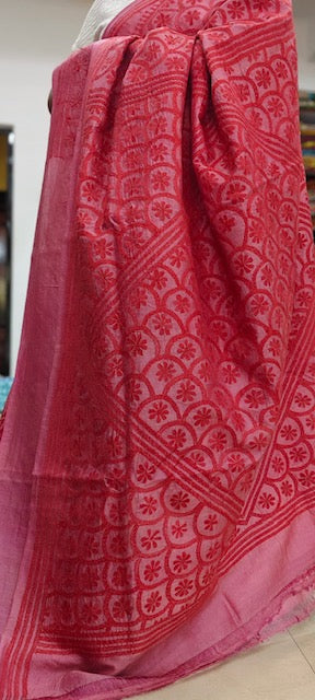 Pure Bangalore Silk Kantha - Pink and Red