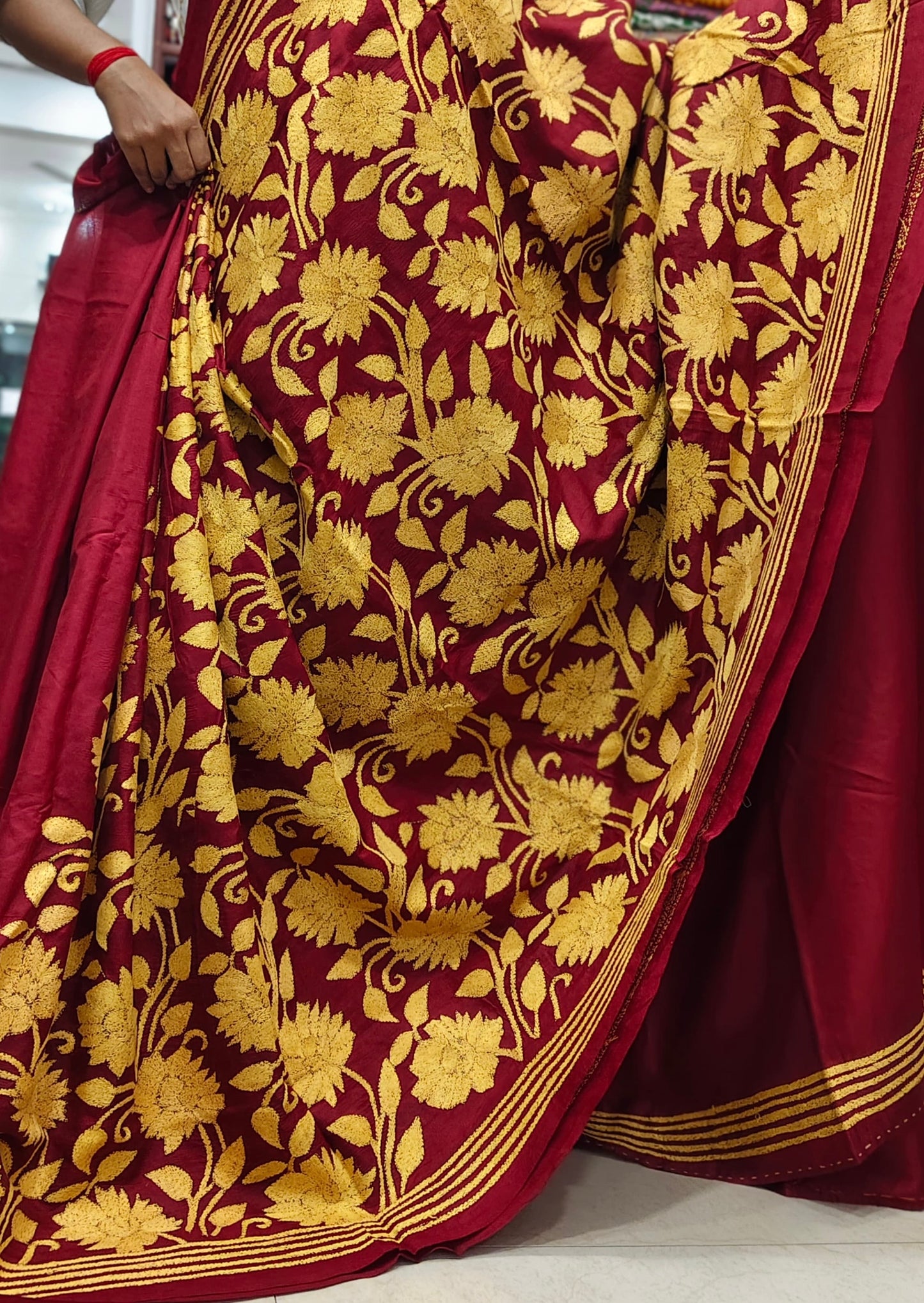 Pure Bangalore Silk Kantha - Red