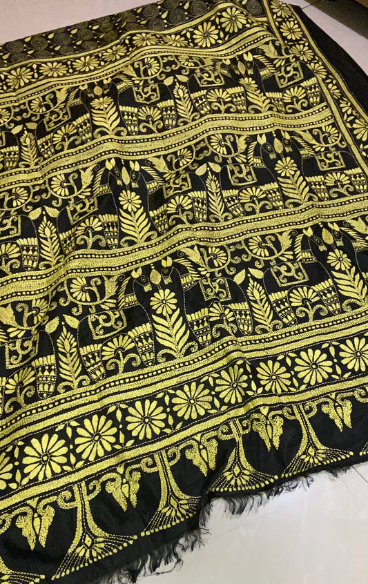 Dupion Silk Kantha Stitch - Black and Yellow