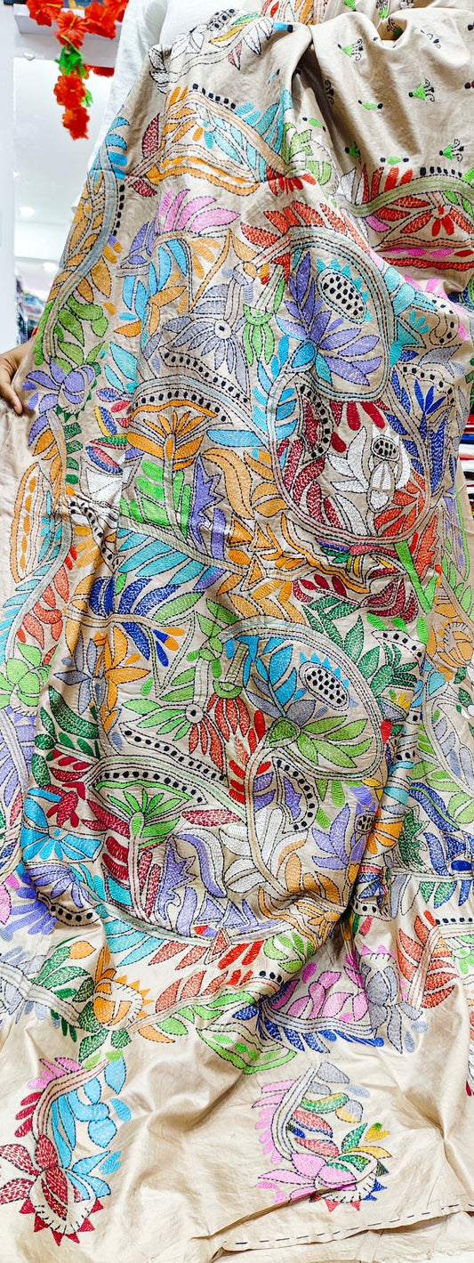 Pure Gachhi Tussar Kantha - Beige