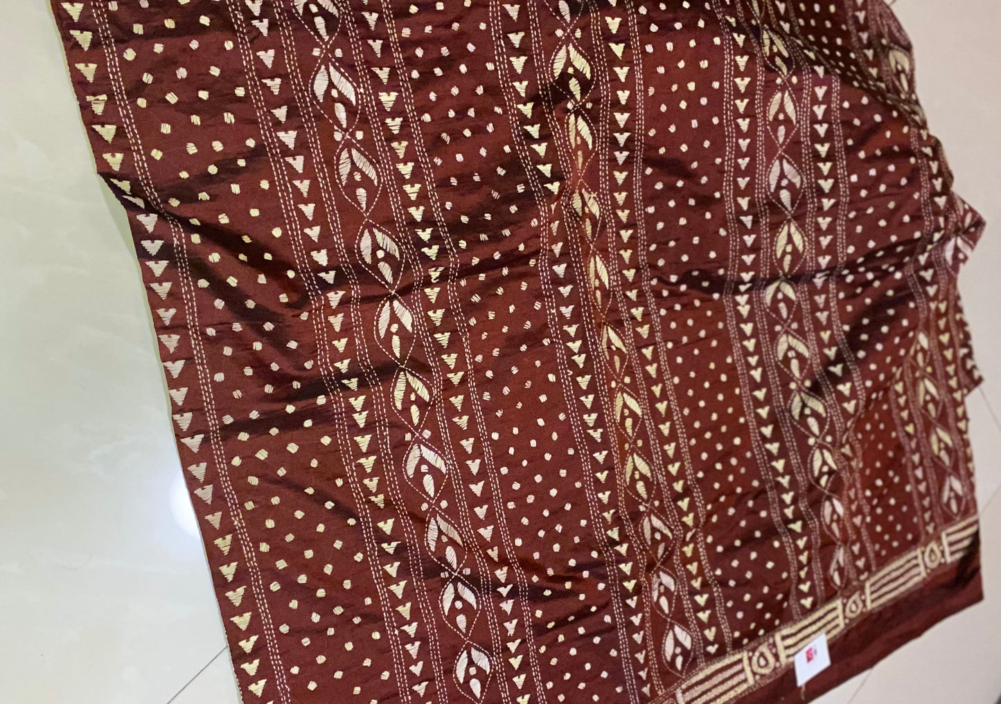 Dupion Silk Kantha Stitch - Maroon and Beige