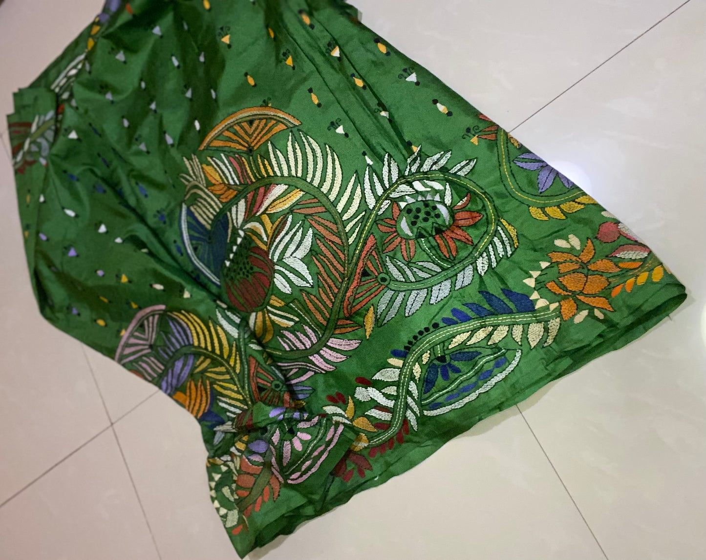 Pure Bangalore Silk Kantha - Green