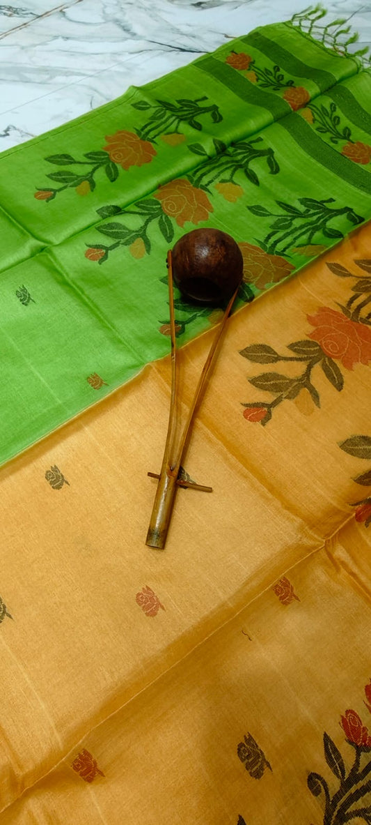 Dual Color Pure Tussar Jamdani- Yellow Green
