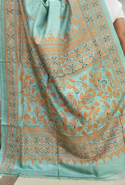Pure Bangalore Silk Kantha - Sea Green and Beige