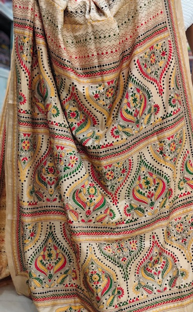 Pure Bangalore Silk Kantha - Beige Multicolor