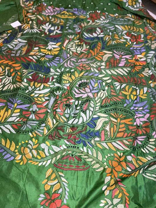 Pure Bangalore Silk Kantha - Green