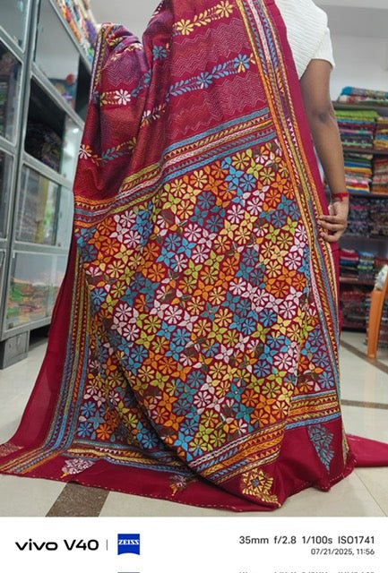 Pure Bangalore Silk Kantha - Red Multicolor