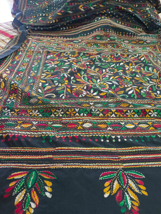 Dupion Silk Kantha Stitch - Black