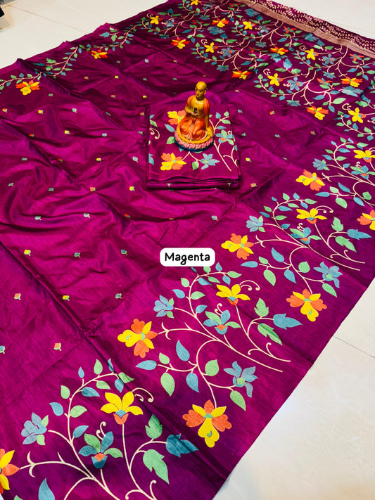 Tussar Handblock - Magenta