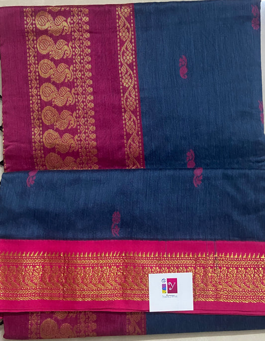 Silk Cotton Gadwal - Cobalt Blue and Fuschia Pink