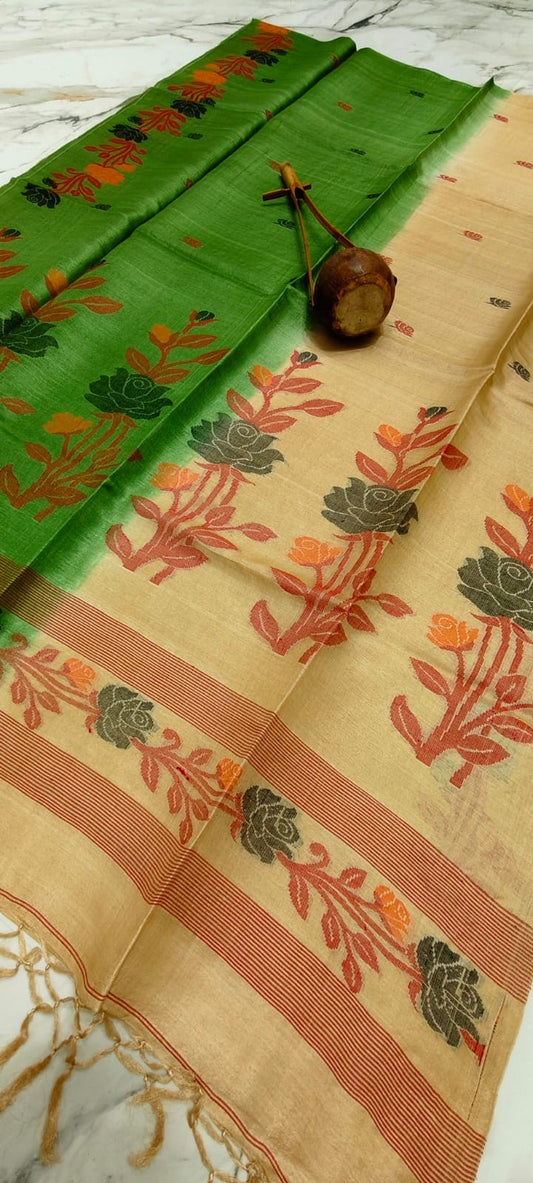 Dual Color Pure Tussar Jamdani- Beige Green