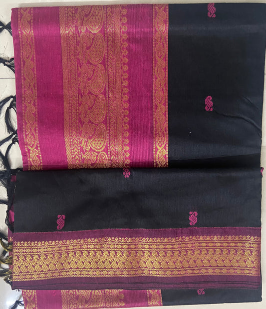 Silk Cotton Gadwal - Black and Fuschia Pink