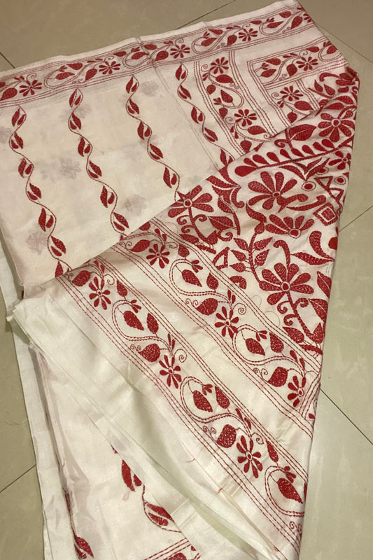 Dupion Silk Kantha Stitch - White and Red