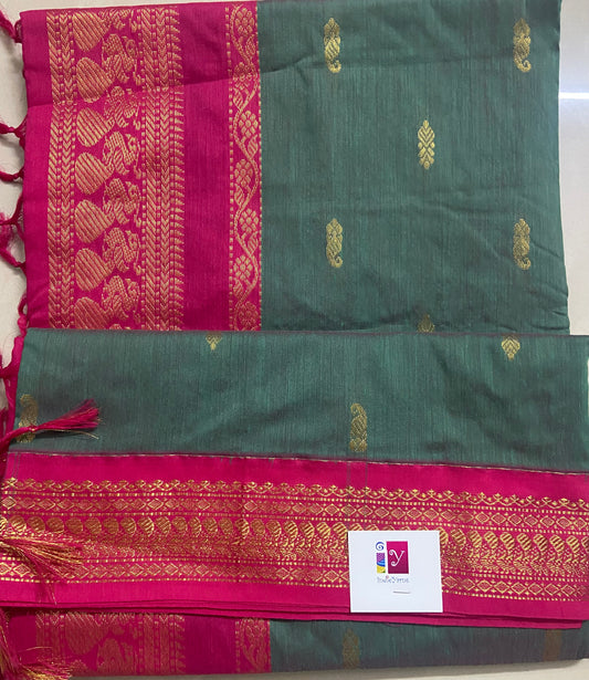 Silk Cotton Gadwal - Sea Green and Fuschia Pink