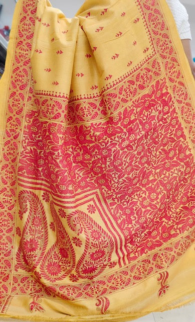 Pure Bangalore Silk Kantha - Yellow and Red