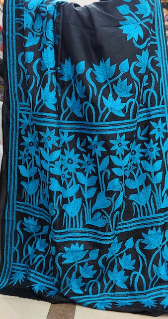 Pure Bangalore Silk Kantha - Black and Turqoise
