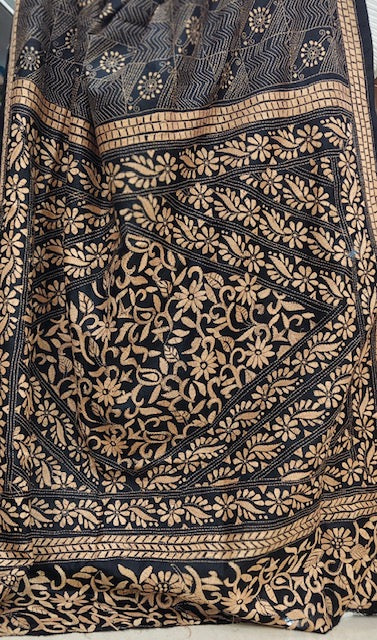 Pure Bangalore Silk Kantha - Black and Beige