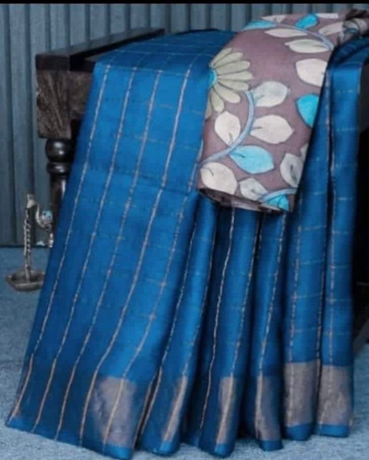 Tussar - Zari Check with Pen Kalamkari Blouse Piece - Cobalt Blue