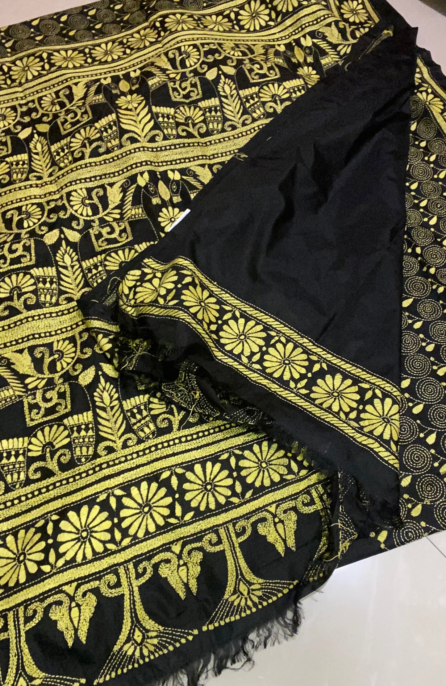 Dupion Silk Kantha Stitch - Black and Yellow