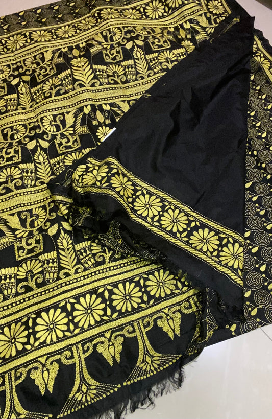Dupion Silk Kantha Stitch - Black and Yellow