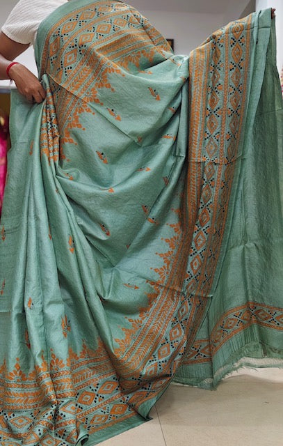 Pure Bangalore Silk Kantha - Sea Green and Beige