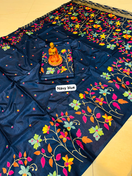 Tussar Handblock - Navy blue