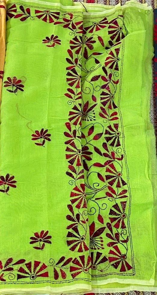 Chanderi Kantha Stitch - Lime Green