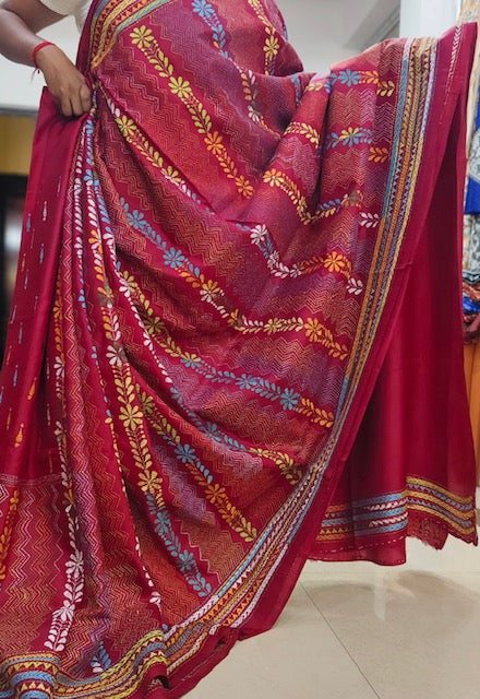 Pure Bangalore Silk Kantha - Red Multicolor
