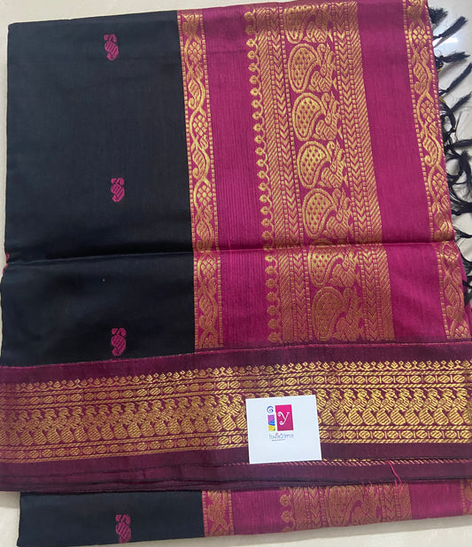 Silk Cotton Gadwal - Black and Fuschia Pink