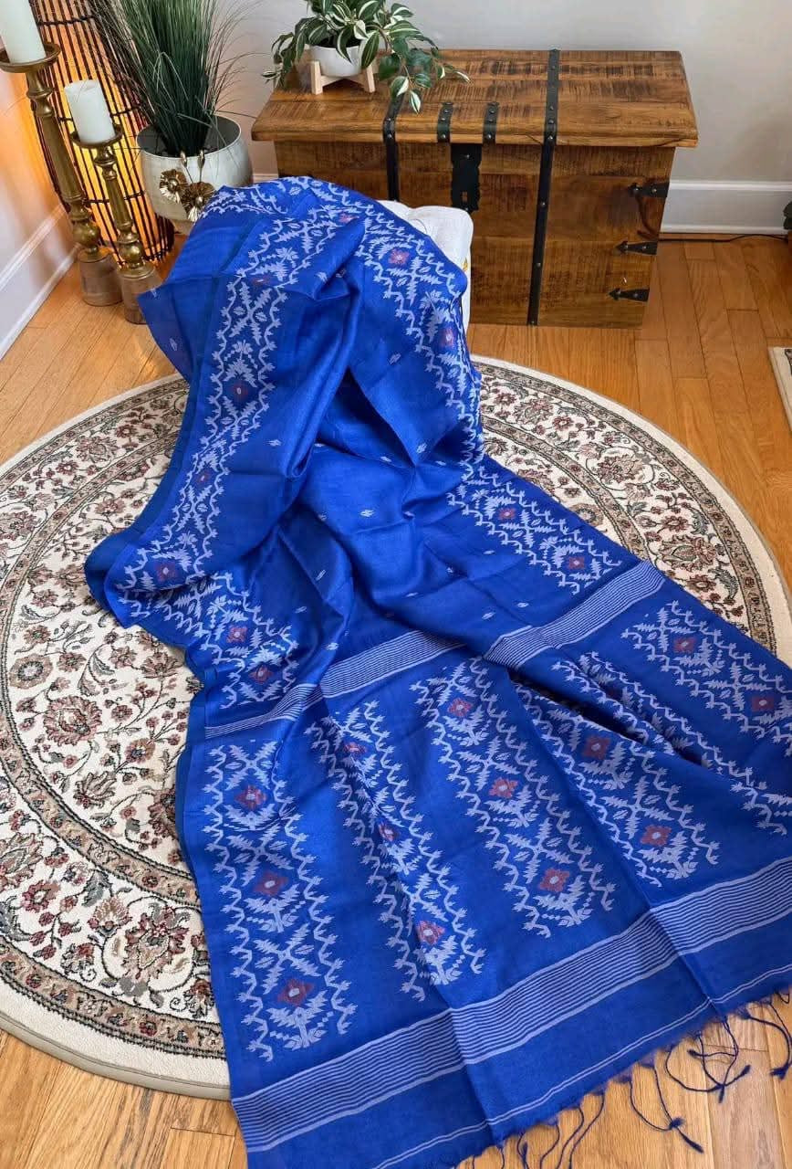 Pure Gachhi Tussar Jamdani - Royal Blue