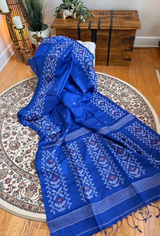 Pure Gachhi Tussar Jamdani - Royal Blue