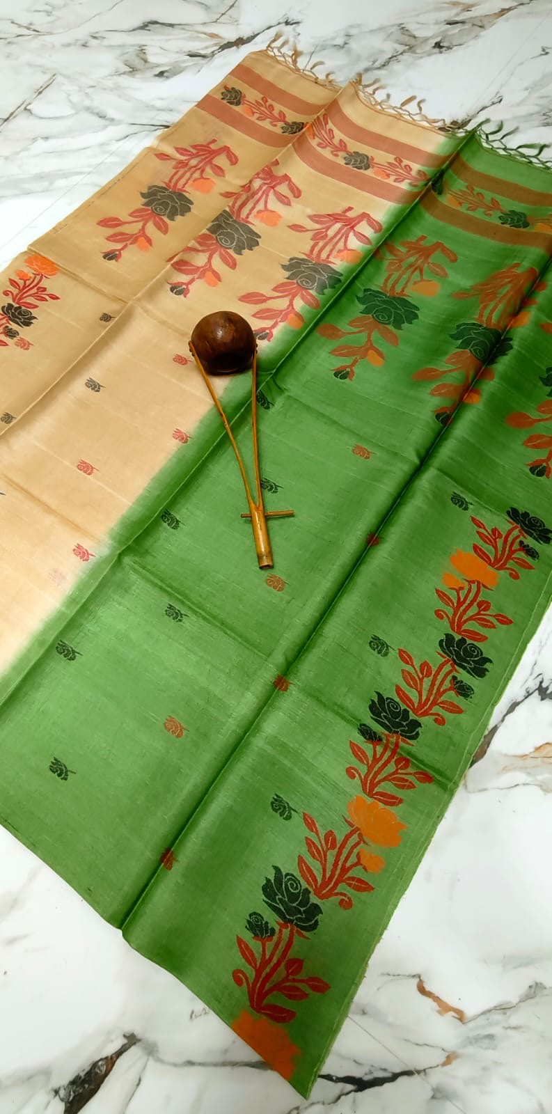 Dual Color Pure Tussar Jamdani- Beige Green