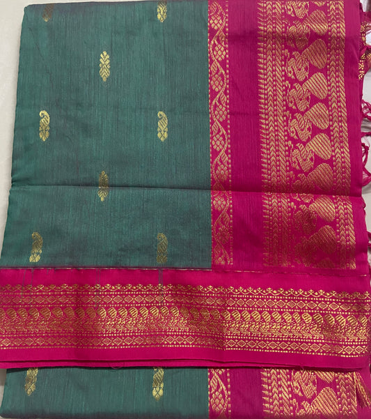 Silk Cotton Gadwal - Sea Green and Fuschia Pink