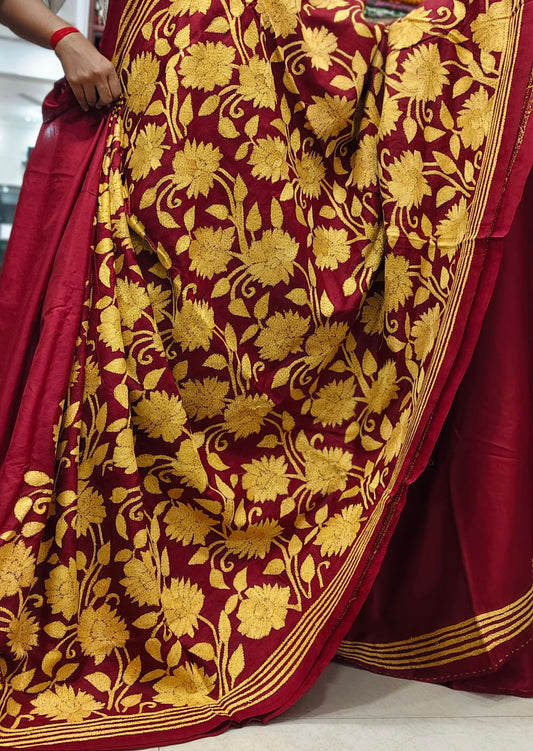 Pure Bangalore Silk Kantha - Red