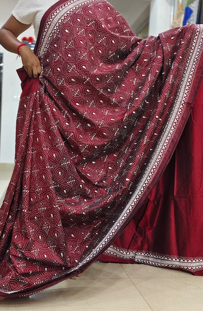 Pure Bangalore Silk Kantha - Maroon and White
