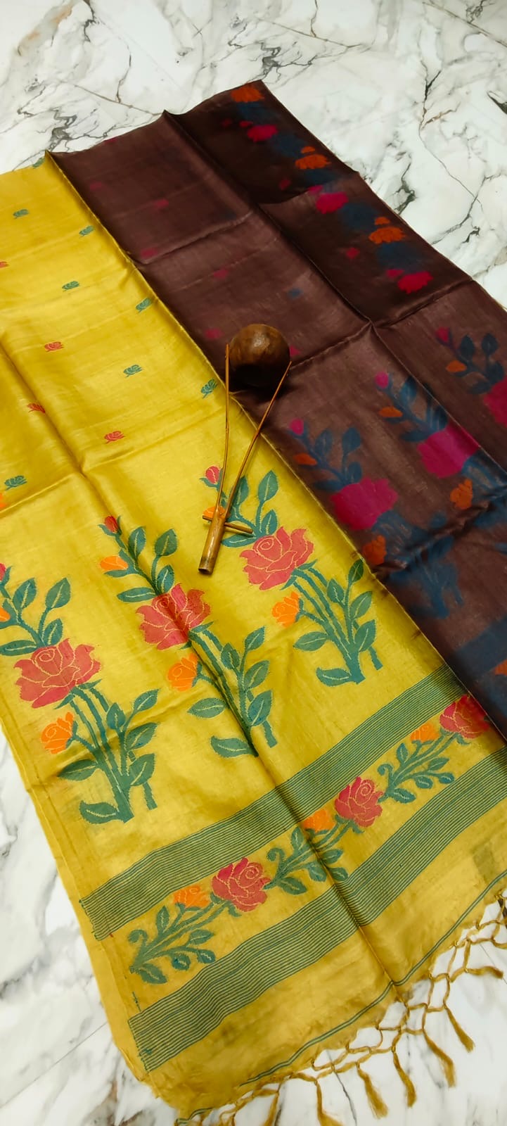 Dual Color Pure Tussar Jamdani - Yellow Brown