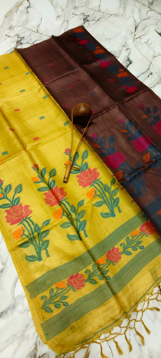 Dual Color Pure Tussar Jamdani - Yellow Brown