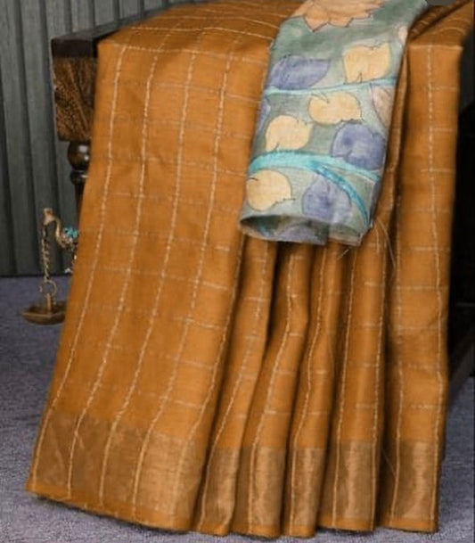Pure Tussar - Kalmakari paint with Kantha Work - Warm