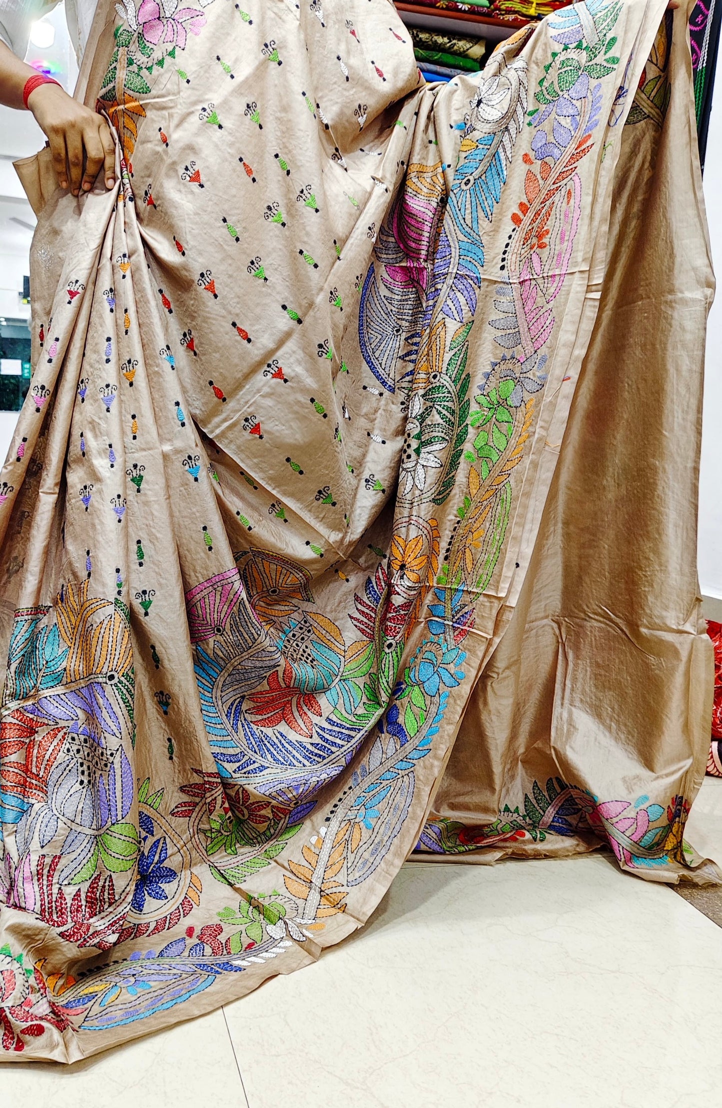 Pure Gachhi Tussar Kantha - Beige
