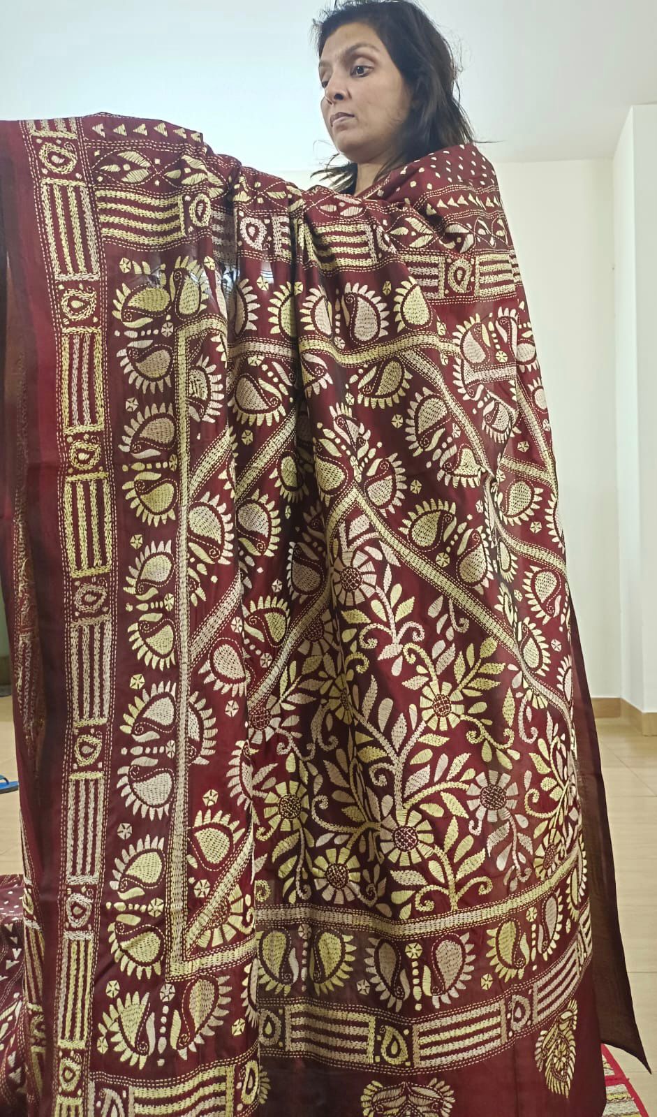 Dupion Silk Kantha Stitch - Maroon and Beige
