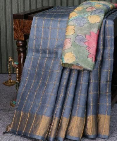 Tussar - Zari Check with Pen Kalamkari Blouse Piece - Grey