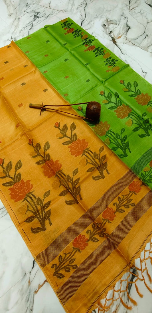 Dual Color Pure Tussar Jamdani- Yellow Green