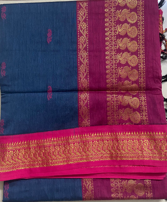 Silk Cotton Gadwal - Cobalt Blue and Fuschia Pink