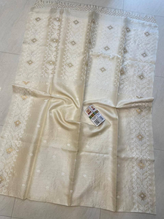 Pure Gachhi Tussar Jamdani - White