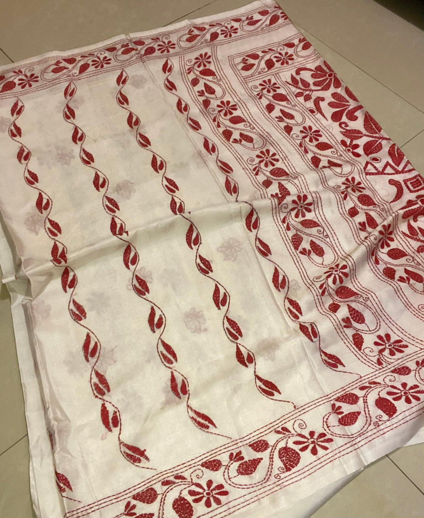 Dupion Silk Kantha Stitch - White and Red