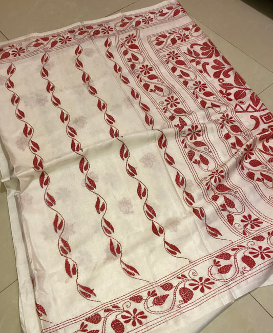 Dupion Silk Kantha Stitch - White and Red